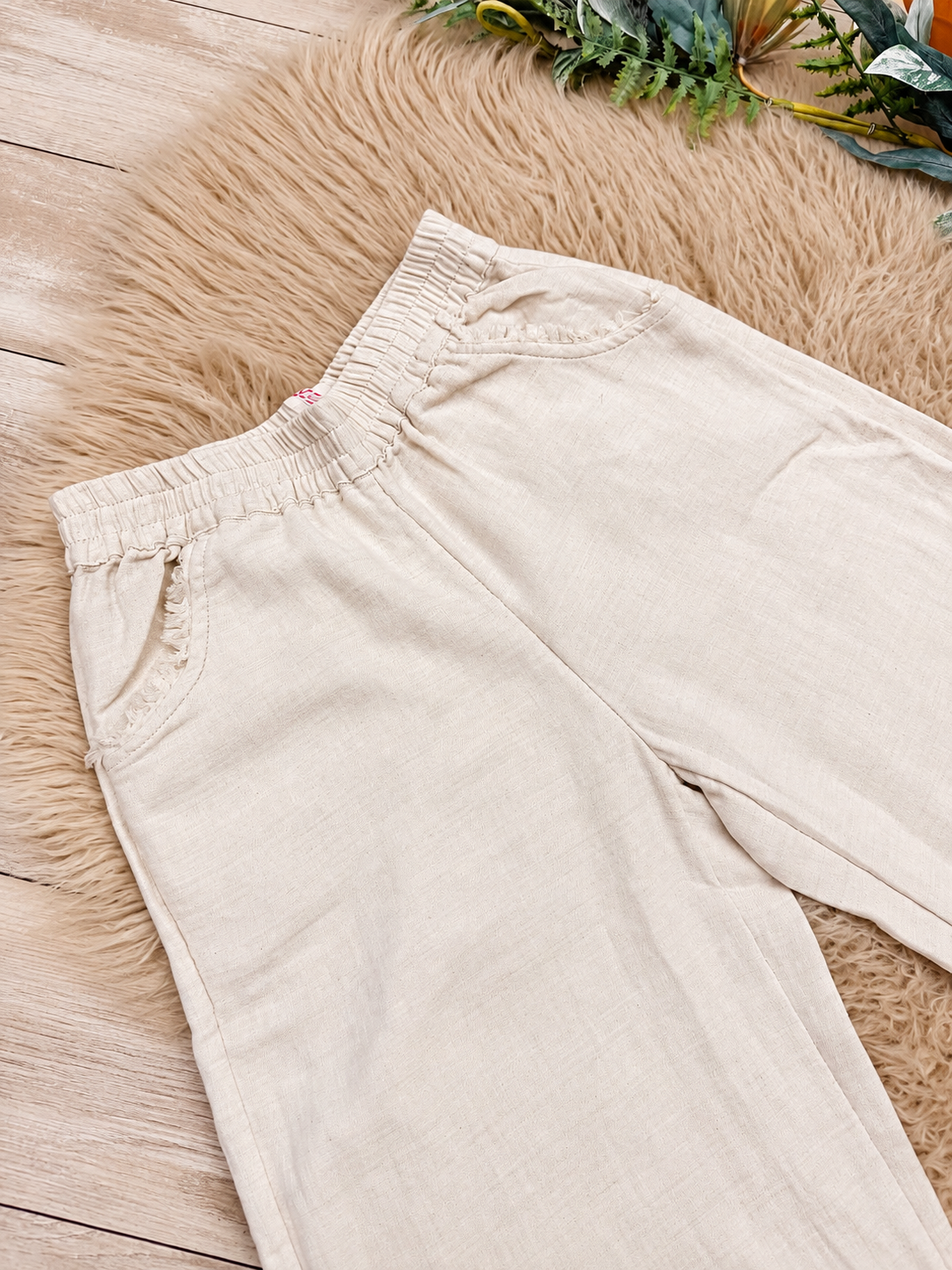 Oatmeal Frayed Hem Linen Pants by UmGee Women’s - Loose Fit