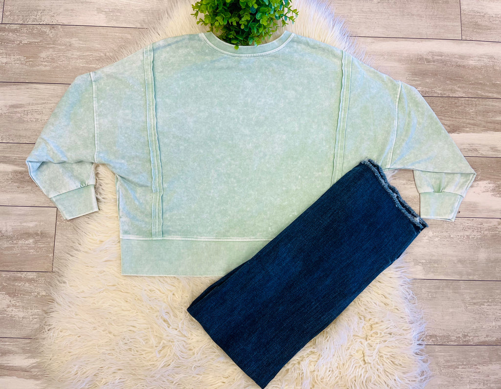 Women’s Acid Wash Long Sleeve Side Slit Knit Top In Dusty Mint