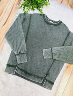 Women’s Zenana Dark Olive Ribbed Raw Hem Crewneck Top