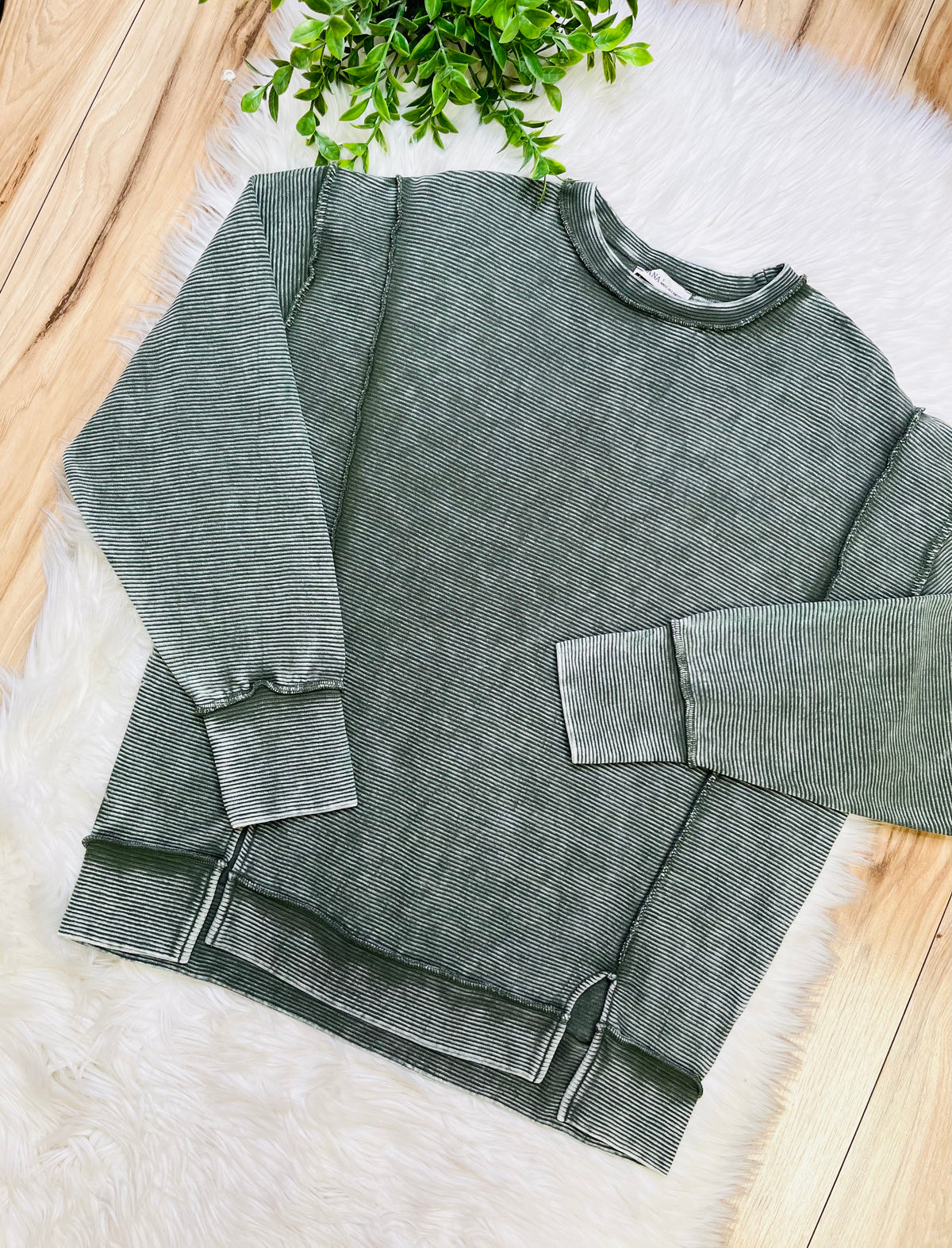 Women’s Zenana Dark Olive Ribbed Raw Hem Crewneck Top