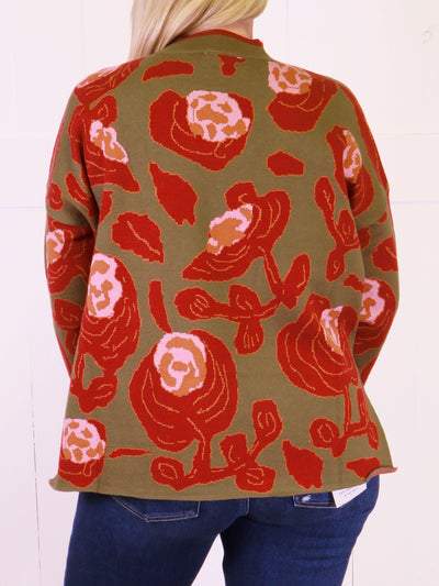 Olive Mock Neck Sweater with Rose Print