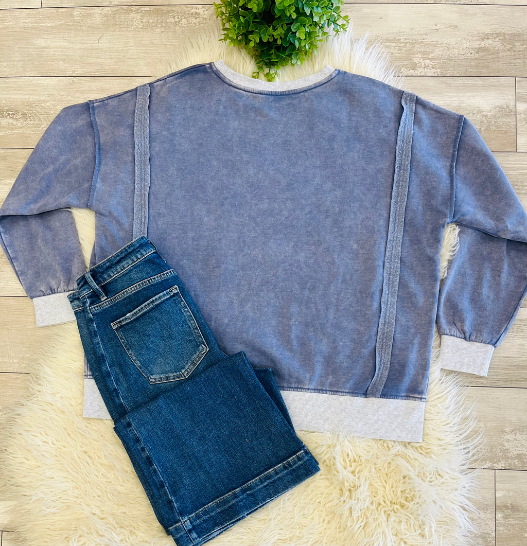 Women’s Curvy Zenana Washed Exposed Seam Sweatshirt In Blue