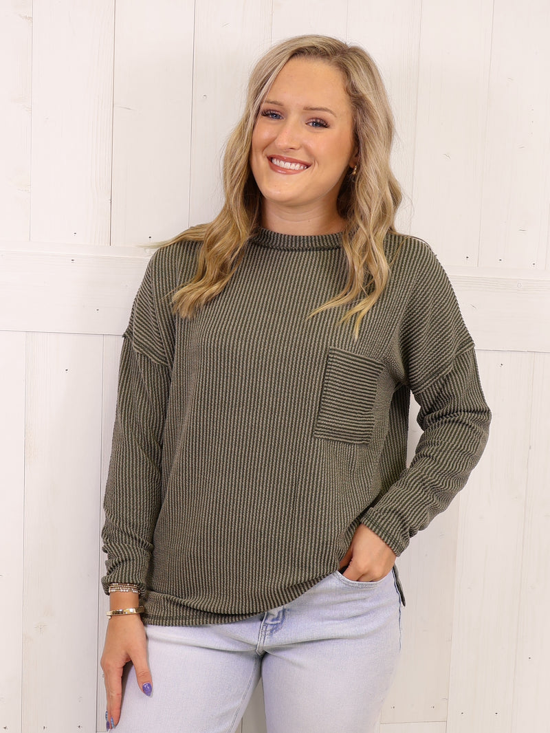 Zenana Ribbed Raw Edge Pocket Top Olive