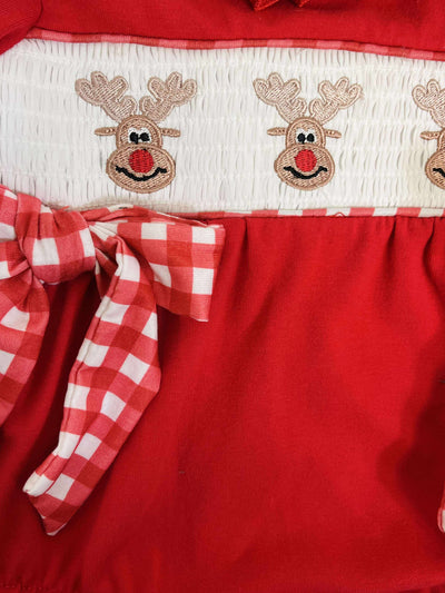 Girls Christmas Reindeer Smocked Romper