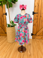 Girls Floral Smocked Waist Puff Sleeve Dress