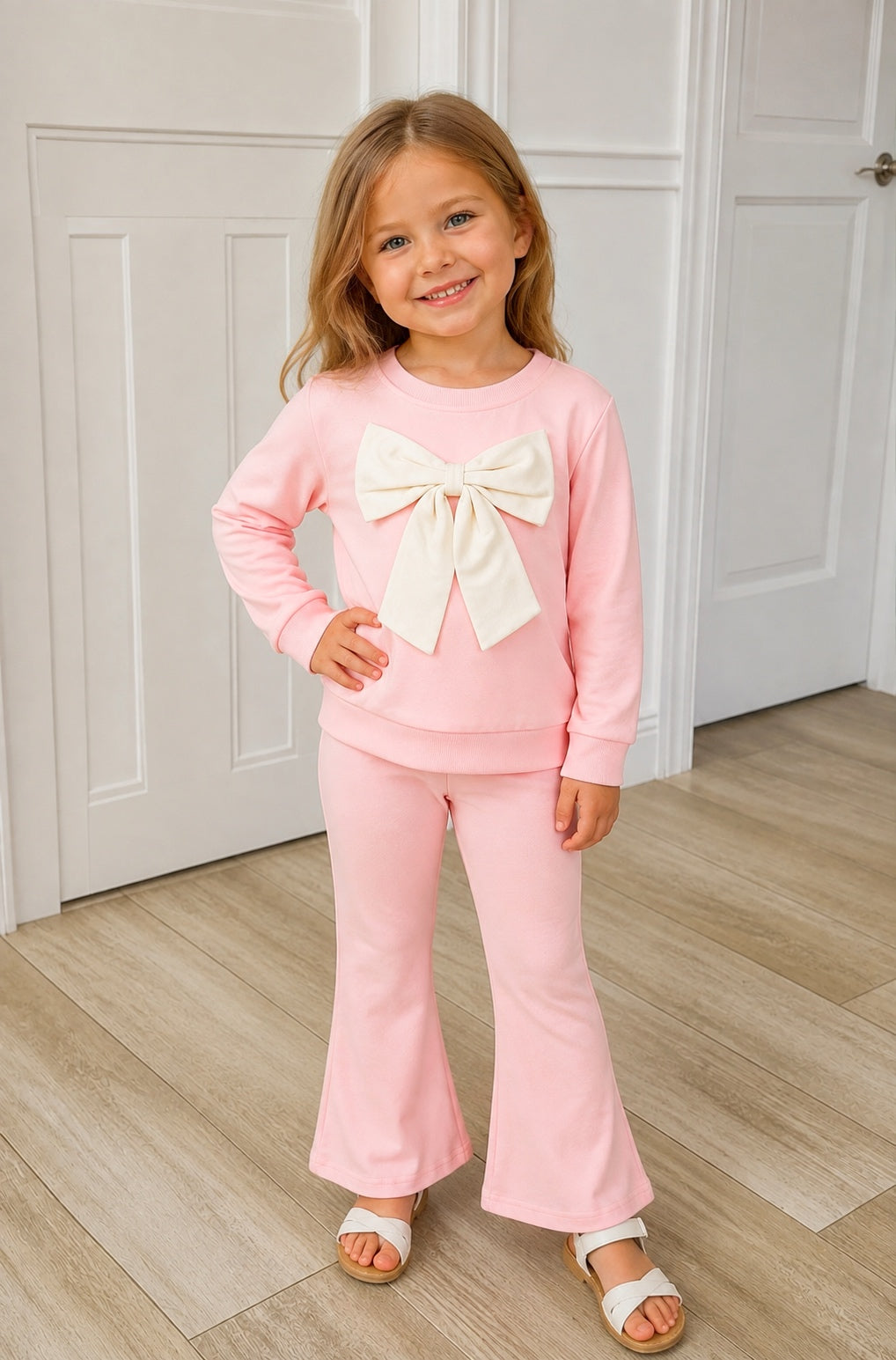 Girl’s Light Pink Outfit with Bow on Sweater