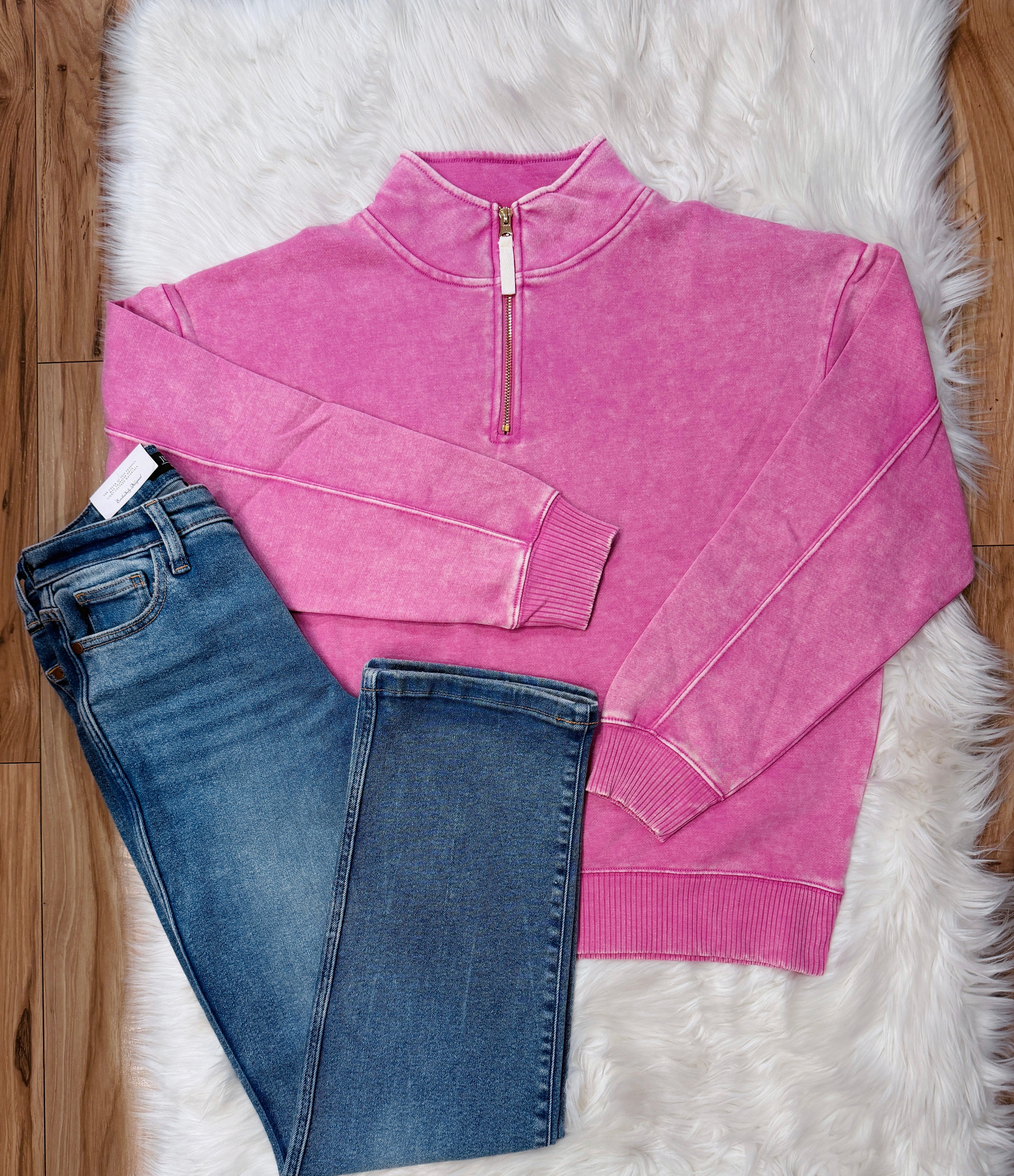 Woman’s Zenana Acid Wash Light Pink Quarter Zip Pullover