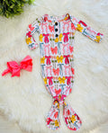 Girl’s Bow Printed Knotted Gown with Matching Headband