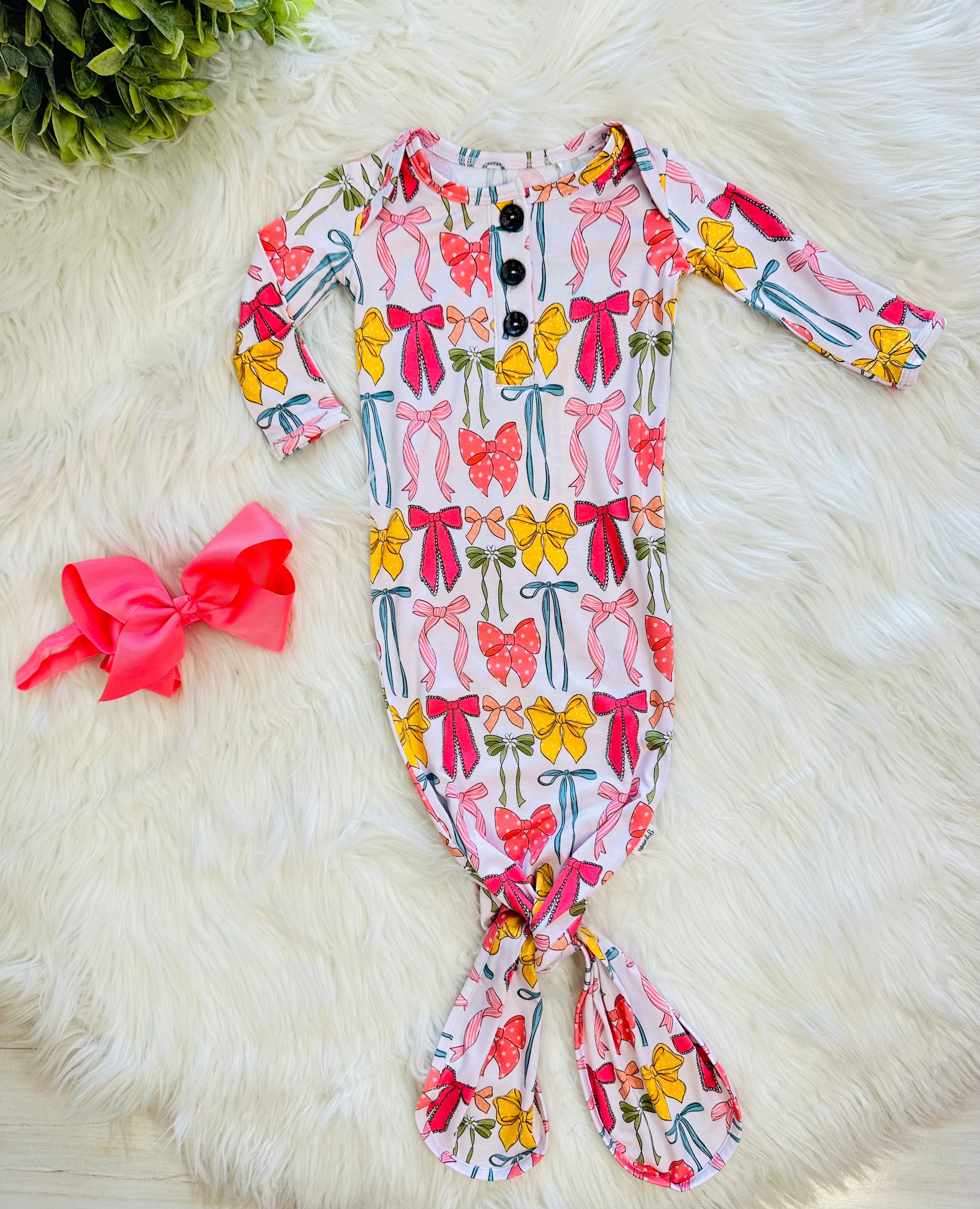 Girl’s Bow Printed Knotted Gown with Matching Headband
