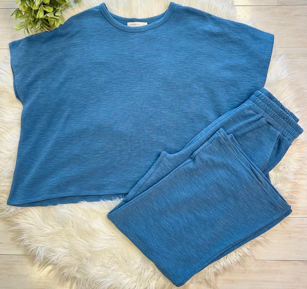 Women’s Dusty Blue Sleeveless Cotton Slub Pant Set