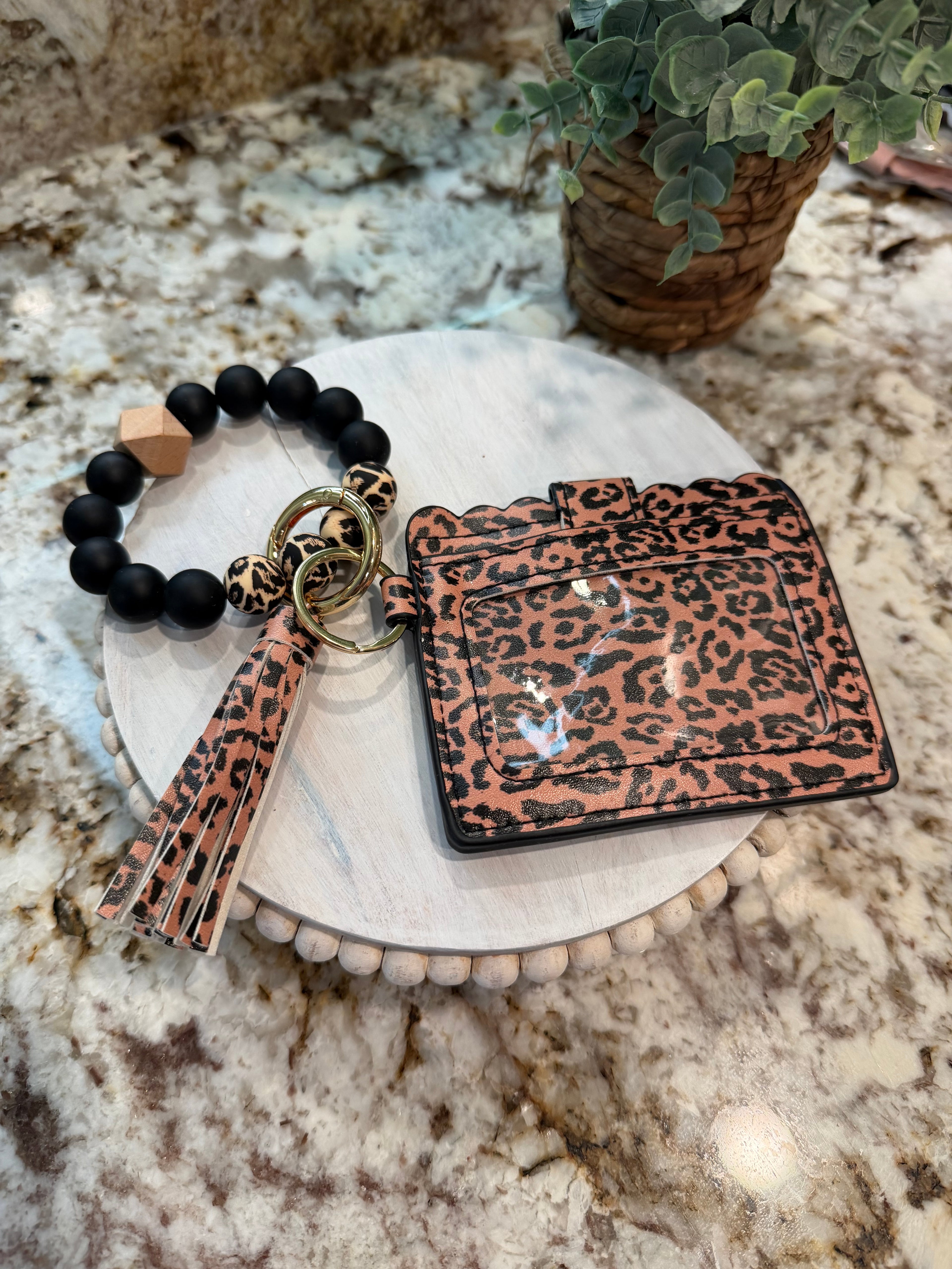 Wristlet ID Badge Pouch Keychain Cheetah Print Coffee