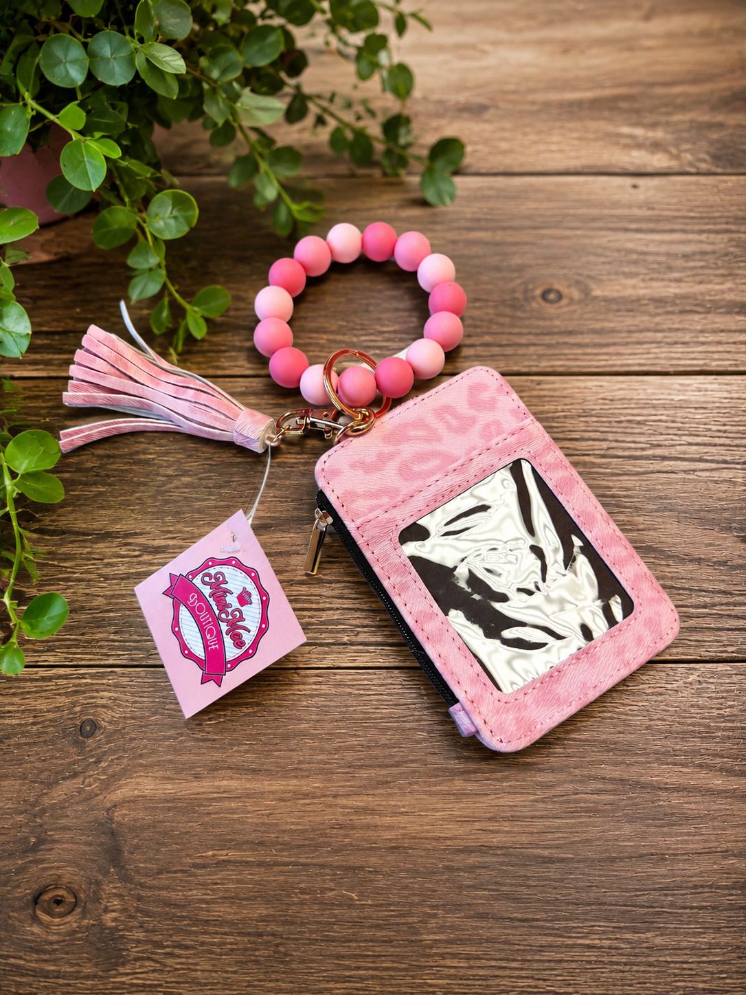 Wristlet ID Badge Zipper Pouch Keychain Cheetah Pink