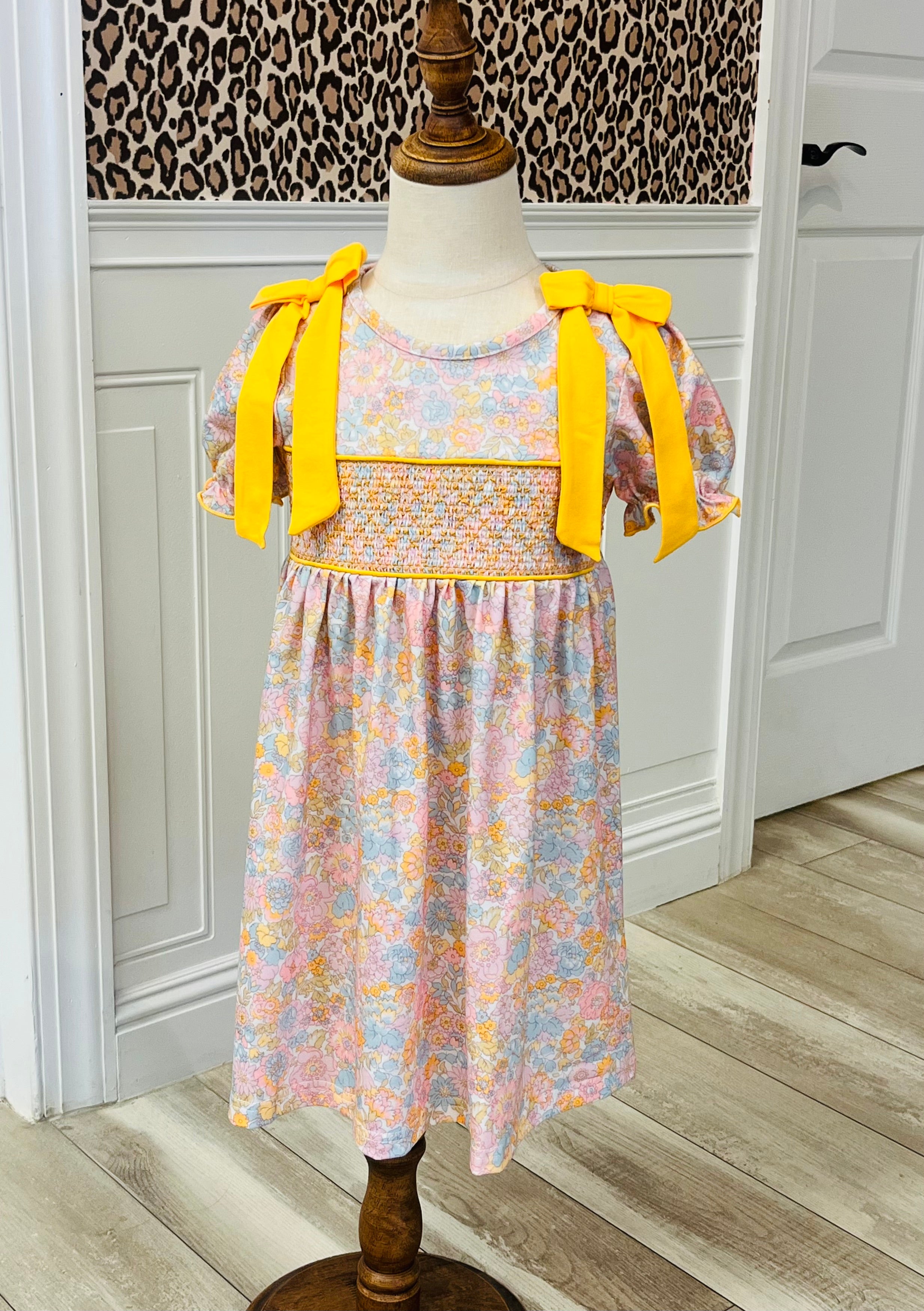 Girl’s Yellow Bow Smocked Floral Girl Dress