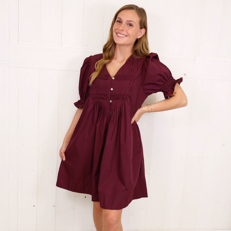 Entro Wine Button Down Smocked Neck Dress