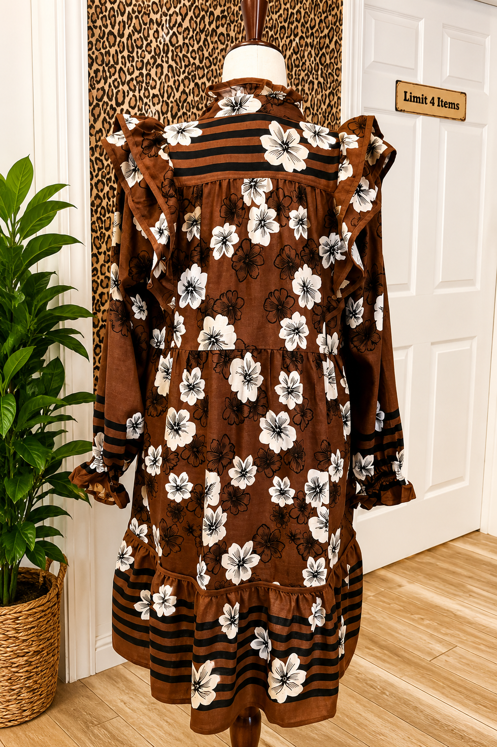 Women’s Umgee Brown Floral Ruffle Split Neck Dress