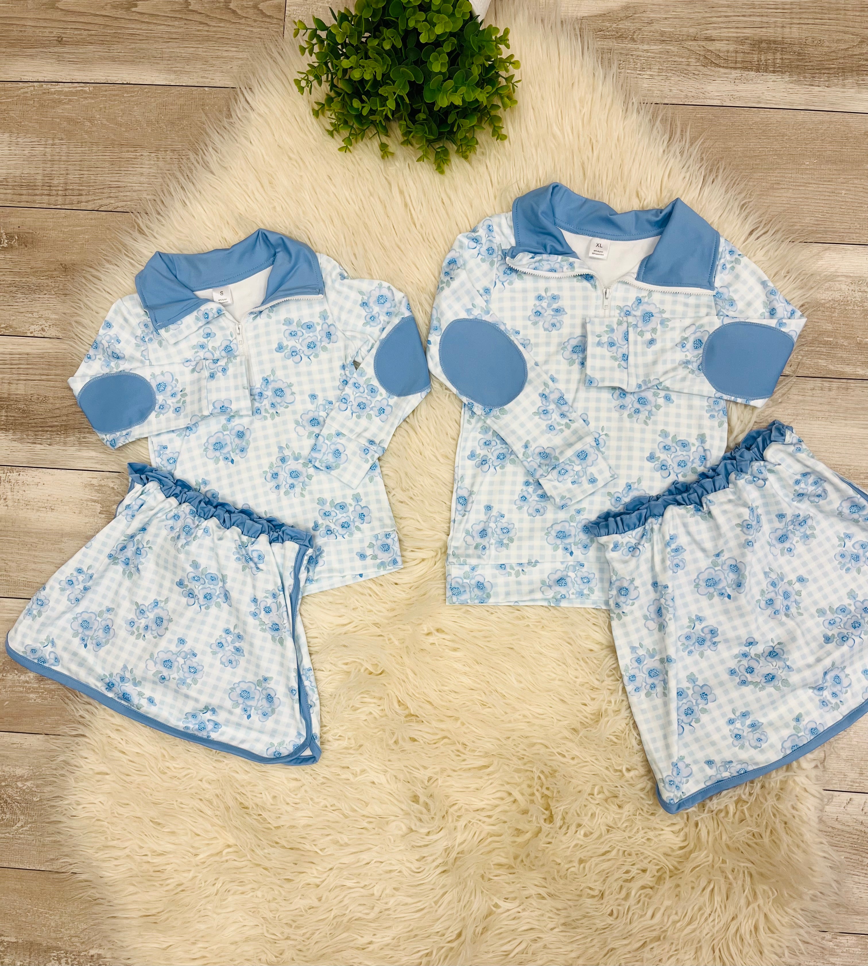 Girl’s Blue Floral Quarter Zip Long Sleeve Skort Set