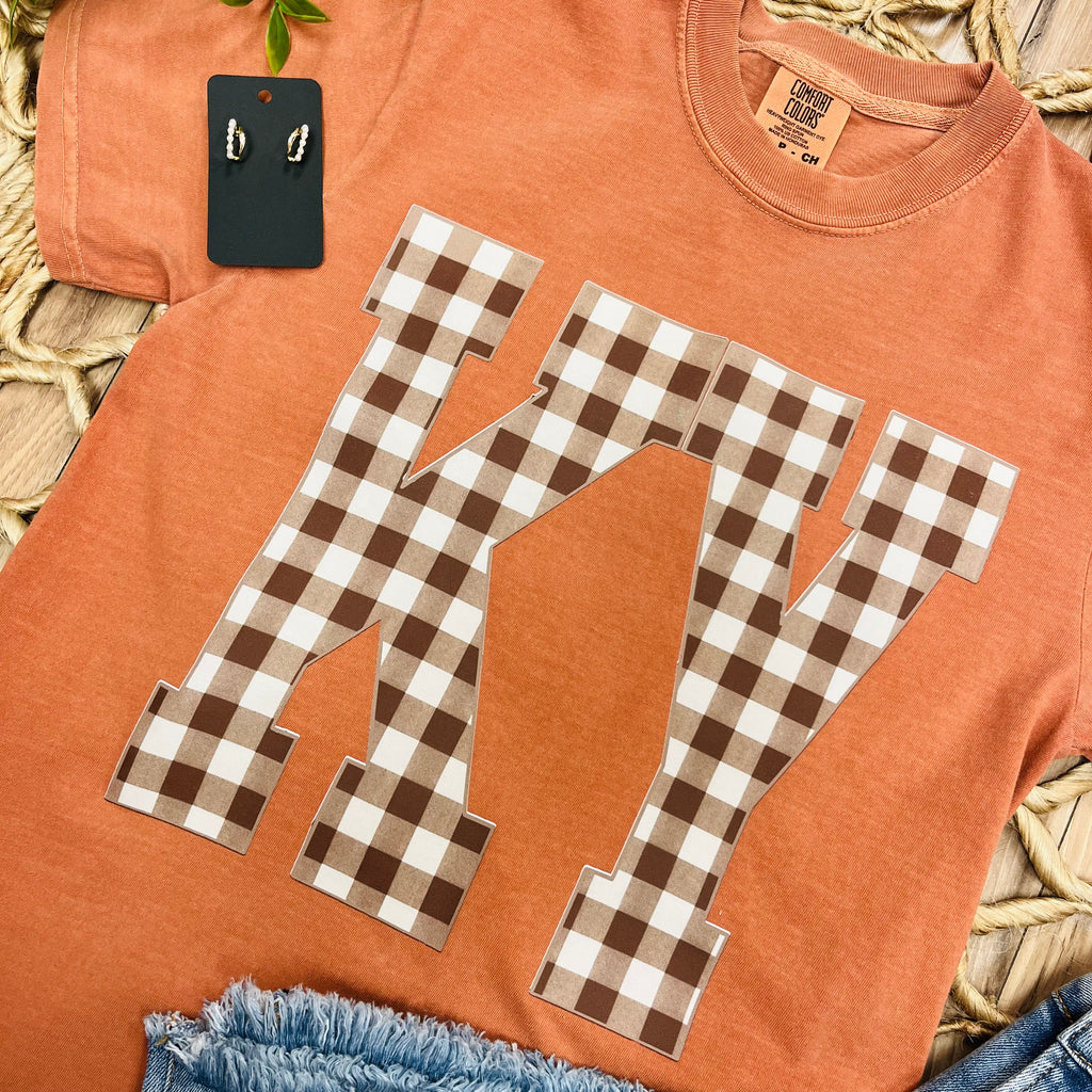 Women’s Orange KY Brown and White Gingham Print Tee