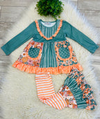 Girl’s Sage Floral Pocket Two- Piece Bell Bottom Ruffle Set
