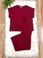 Women’s Zenana Burgundy Ribbed Cuff Sleeve Pant Set Loose Fit