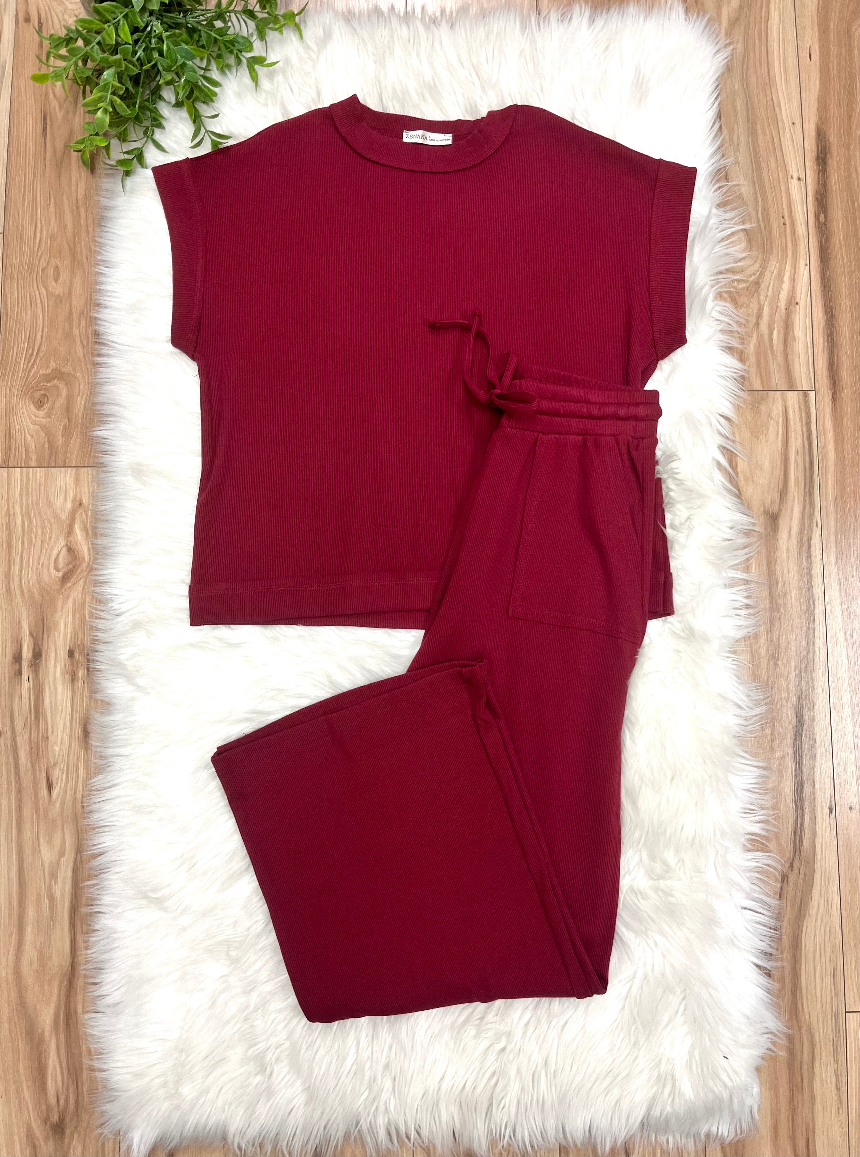 Women’s Zenana Burgundy Ribbed Cuff Sleeve Pant Set Loose Fit