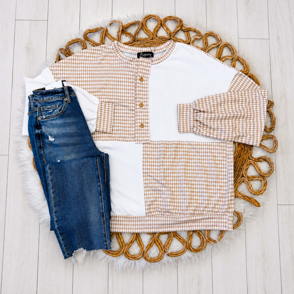 Women’s Evermmee Curvy Mixed Print Gingham Top