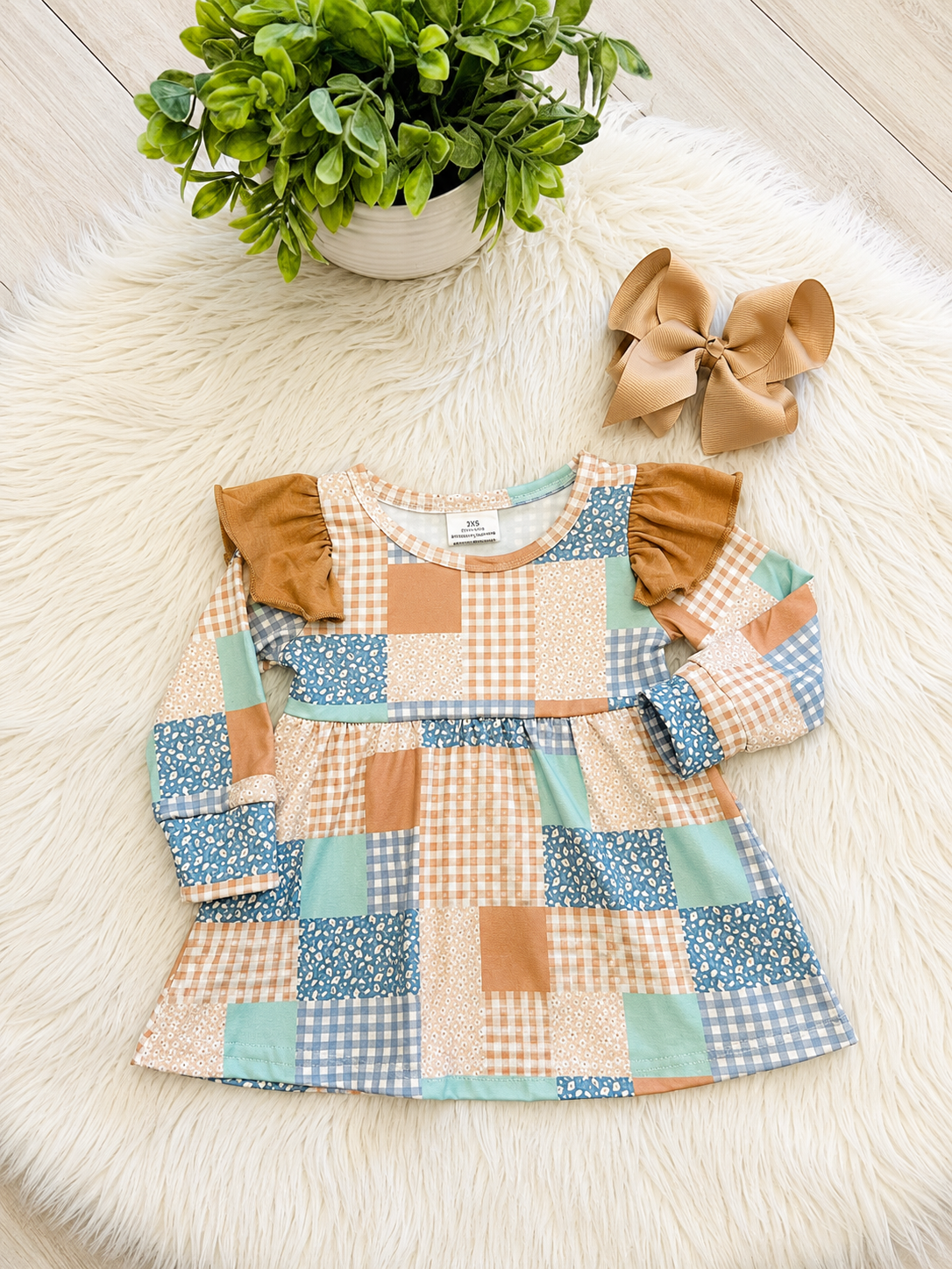 Girl’s Mixed Ruffle Patchwork Brown Pant Outfit Set