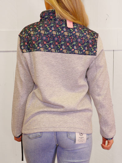 Simply Southern Grey quarter zip  Pullover with Floral Accents Sweater Top