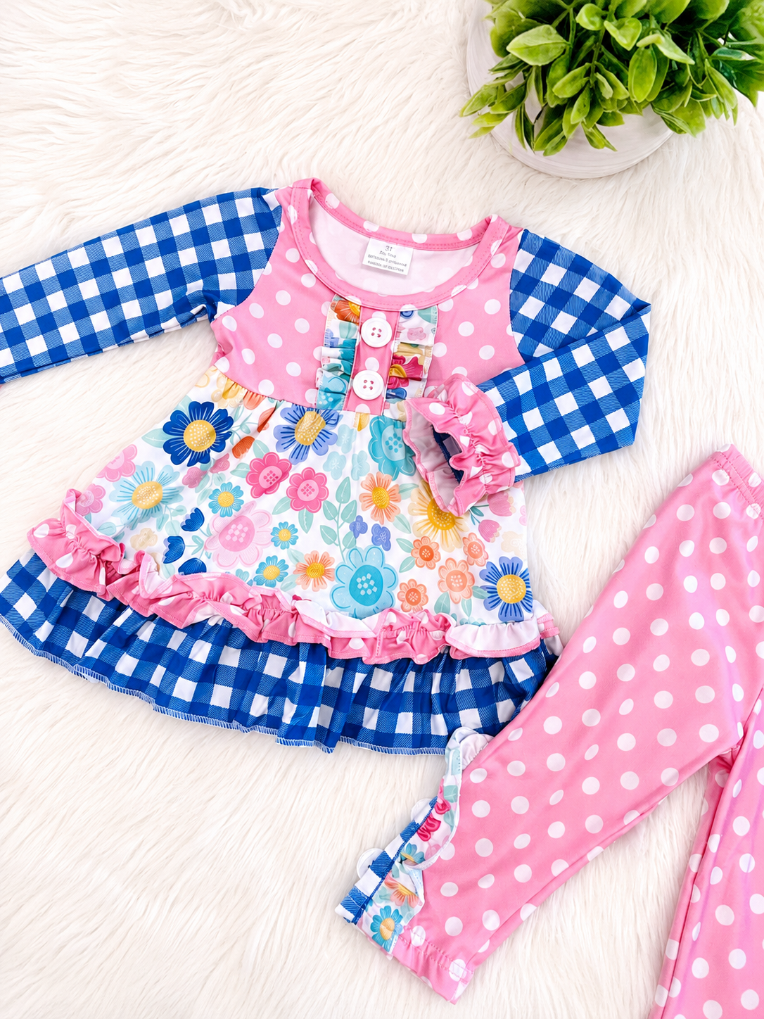 Girl’s Pink and Blue Mixed Print Outfit Set