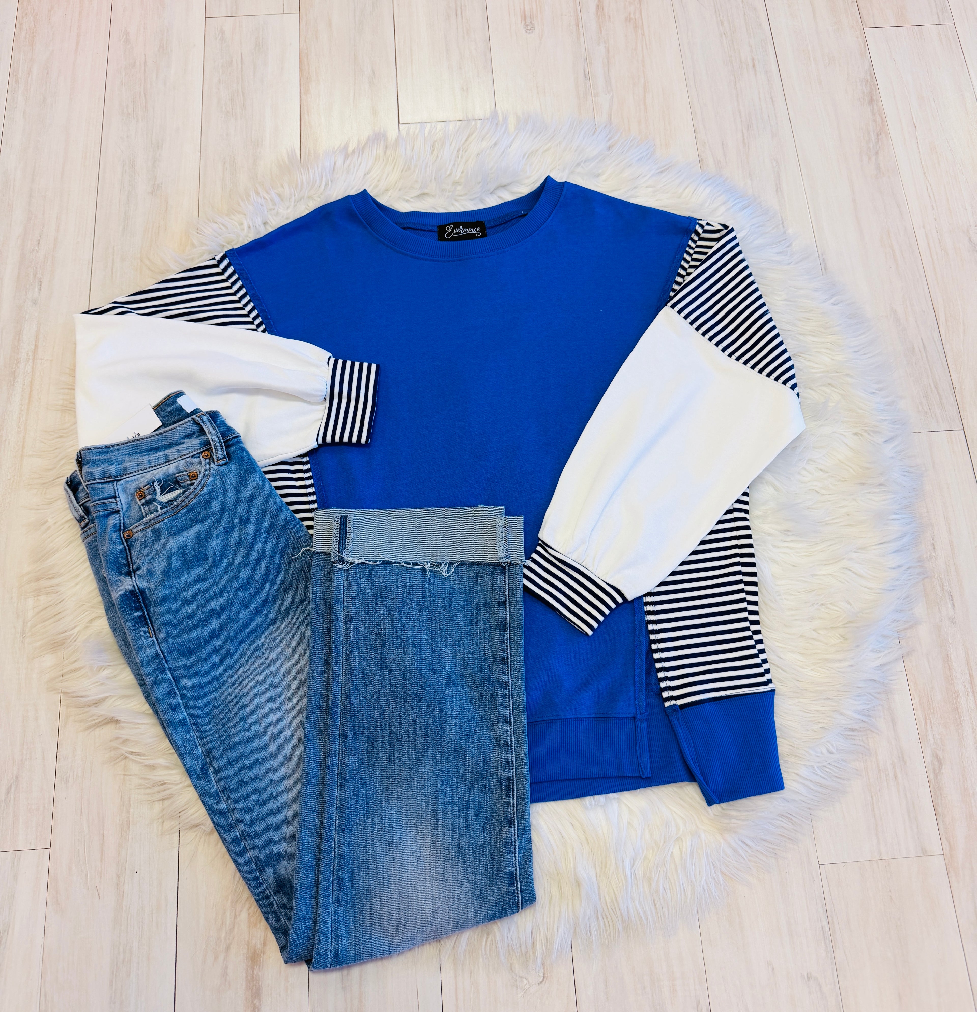 Women’s Evermmee Blue and White Stripe Contrast Pullover