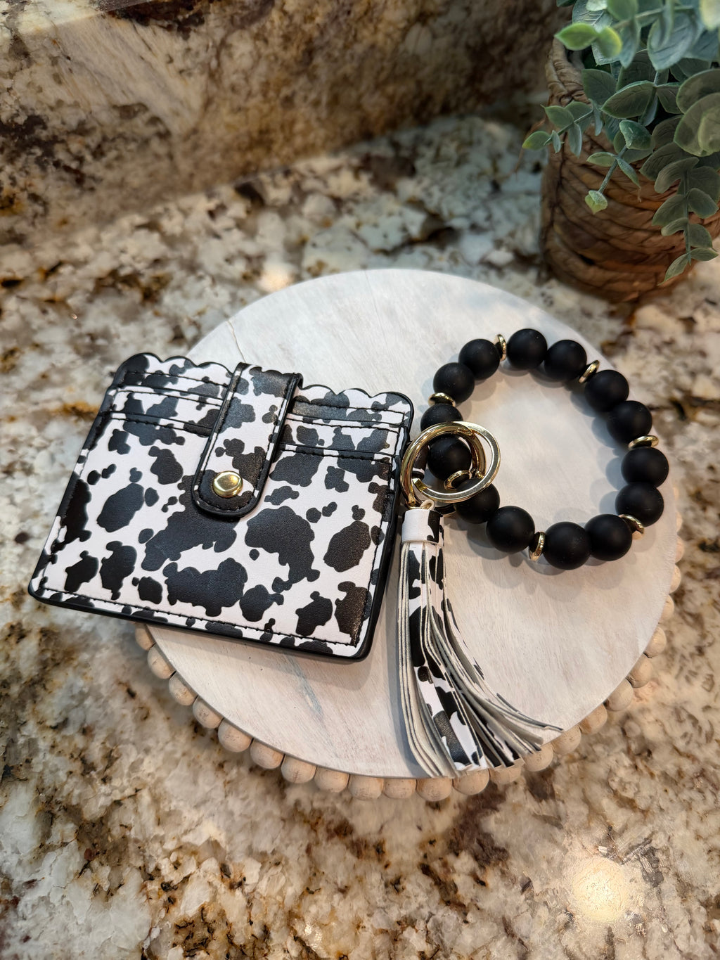 Wristlet ID Badge Pouch Keychain Black Cow Print