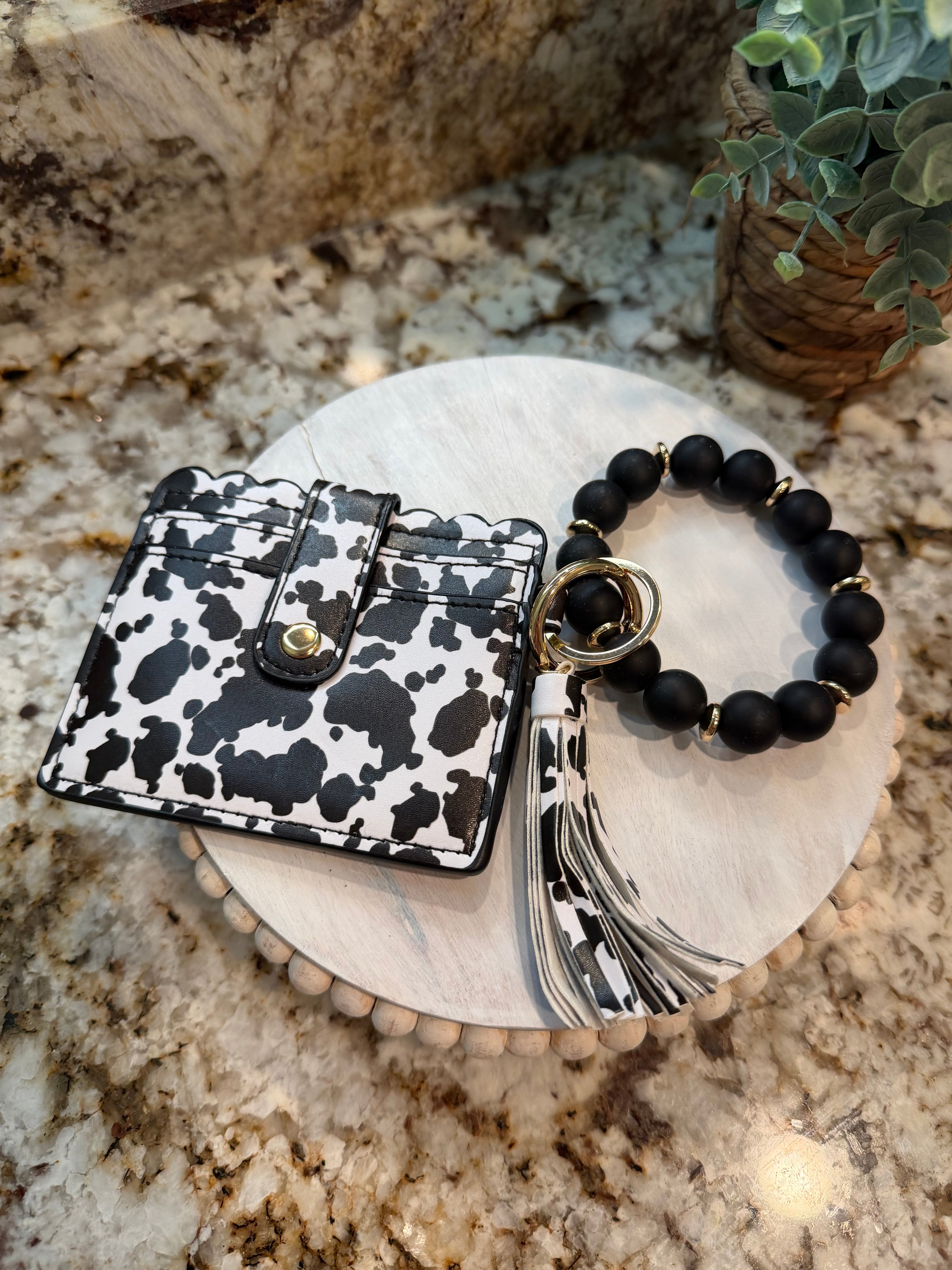 Wristlet ID Badge Pouch Keychain Black Cow Print