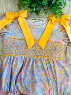 Girl’s Yellow Bow Smocked Floral Baby Bubble