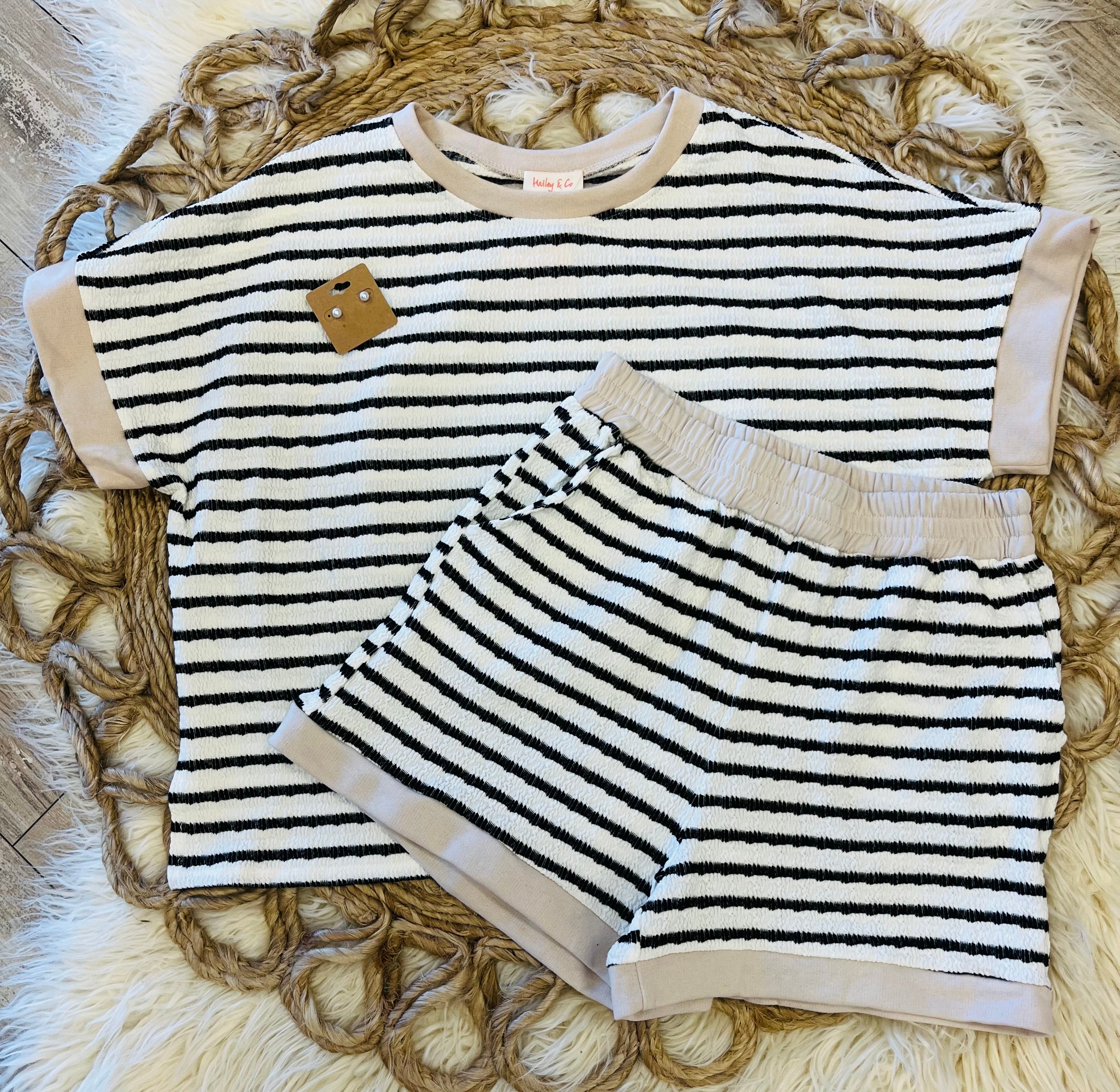 Women’s Black Striped Terry Knit Short Set