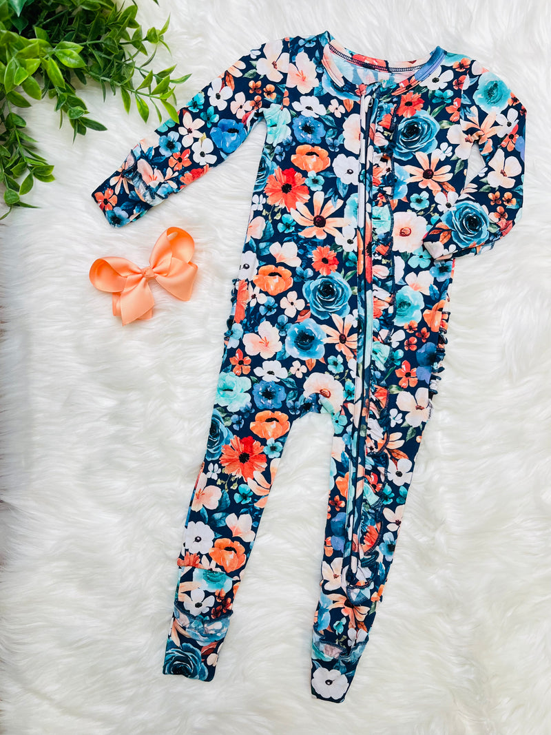 Girls Navy Floral Bamboo pajama romper