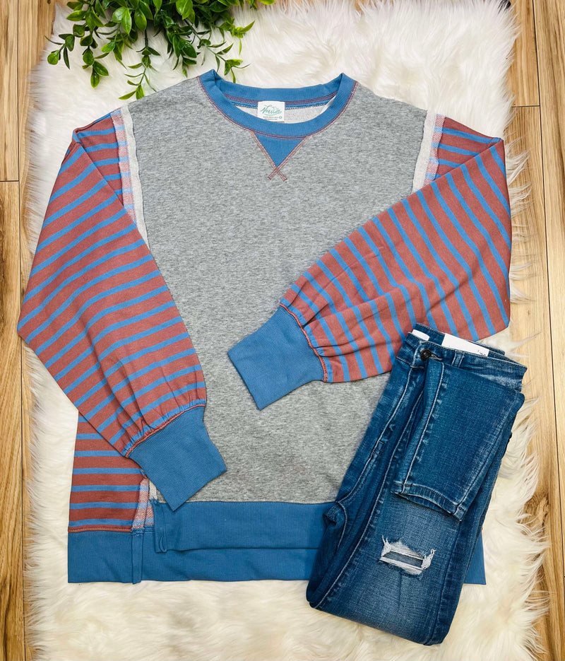 Grey Stripe with red accent Pullover Top