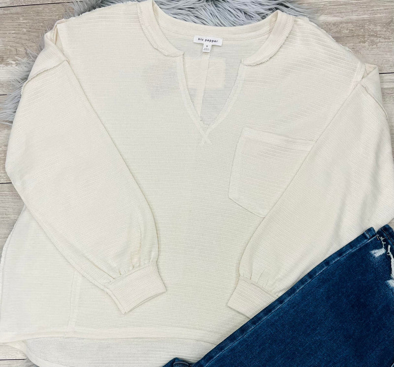 Women’s Pocket V Neck Oversized Sweater Top Cream Basic