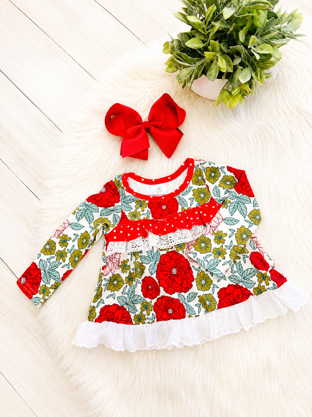 Girl’s Red and Green Floral Stripe Pant Outfit Set
