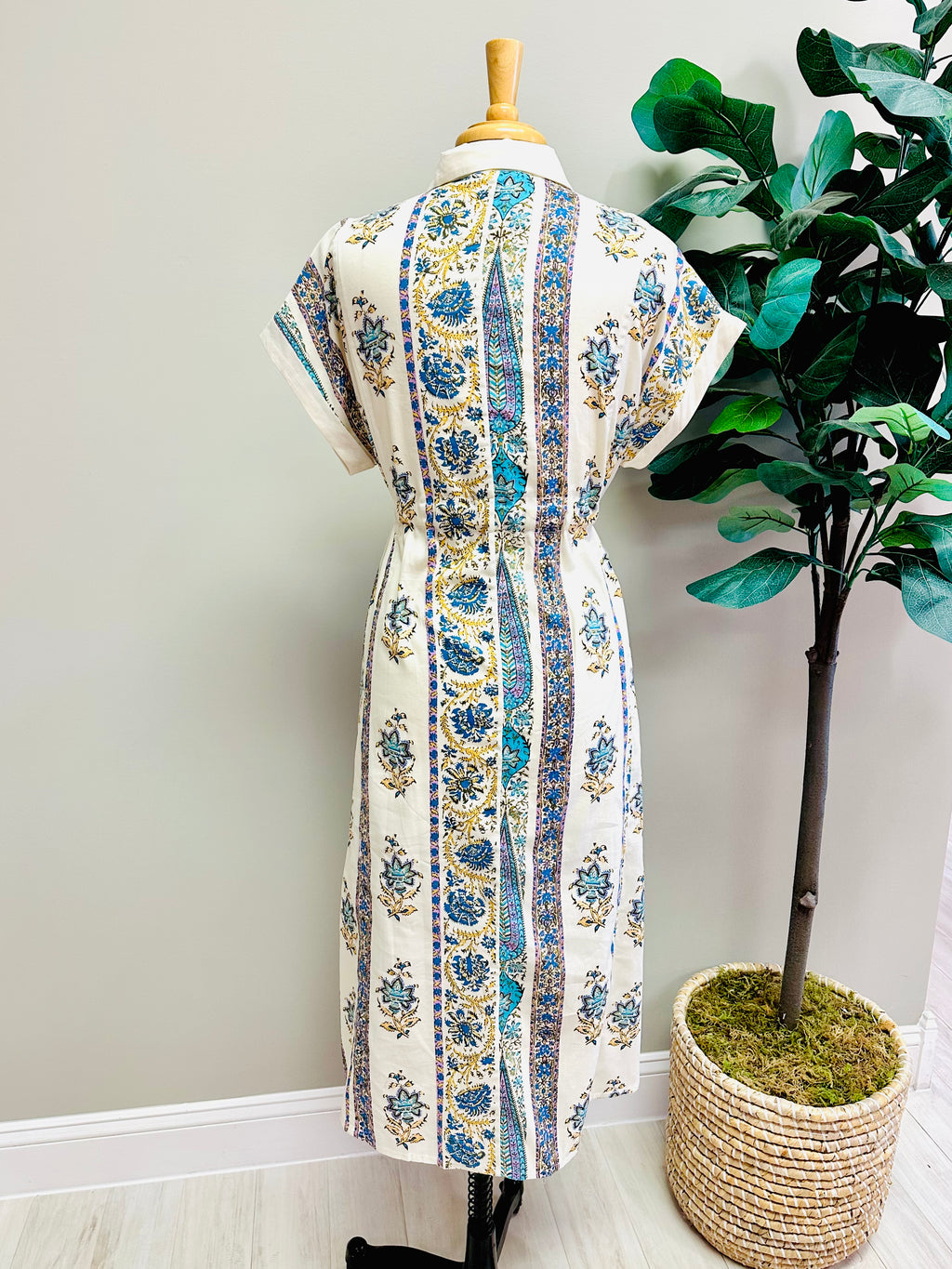 Women’s Umgee Blue Mixed Print Boho Tie Waist Dress