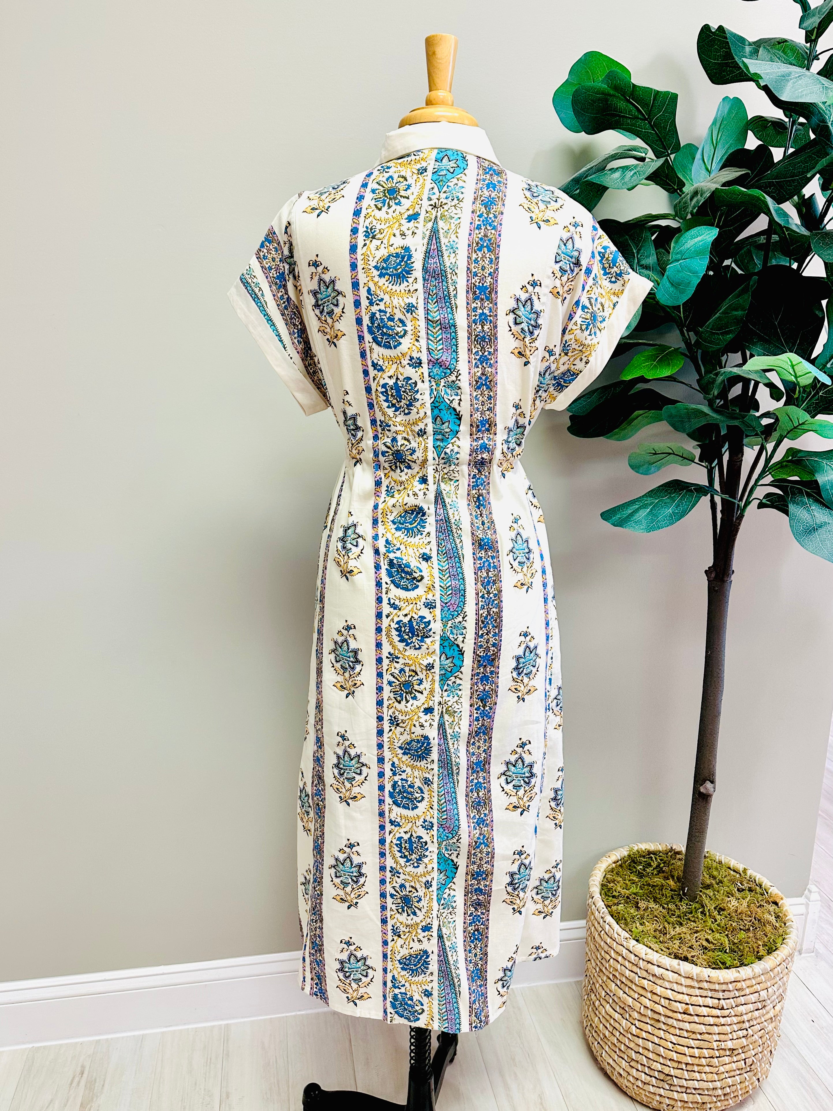 Women’s Umgee Blue Mixed Print Boho Tie Waist Dress