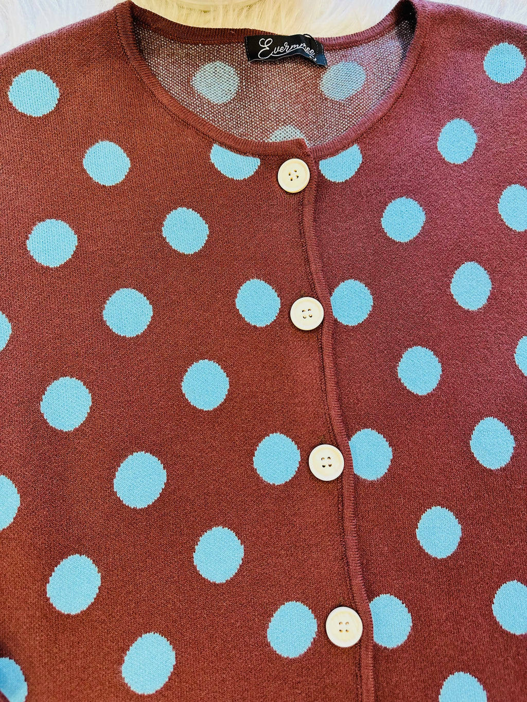 Women’s Evermmee Brown and Blue Polka Dot Button Sweater Top - True to Size