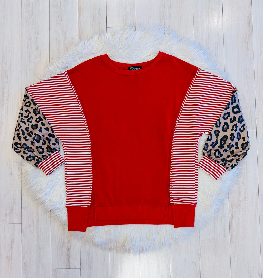 Women’s Evermmee Red Stripe Pullover with Leopard Sleeves
