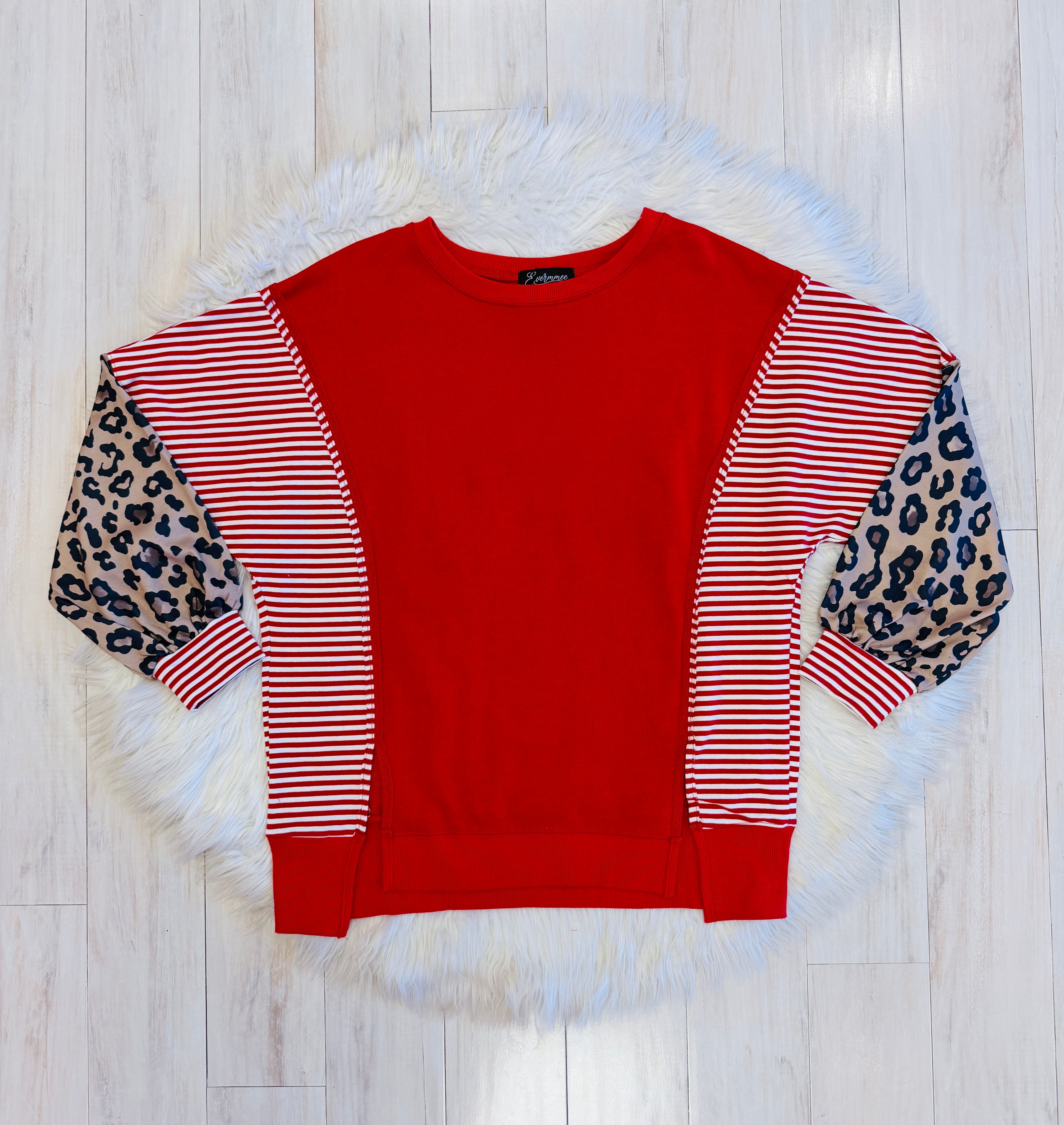 Women’s Evermmee Red Stripe Pullover with Leopard Sleeves