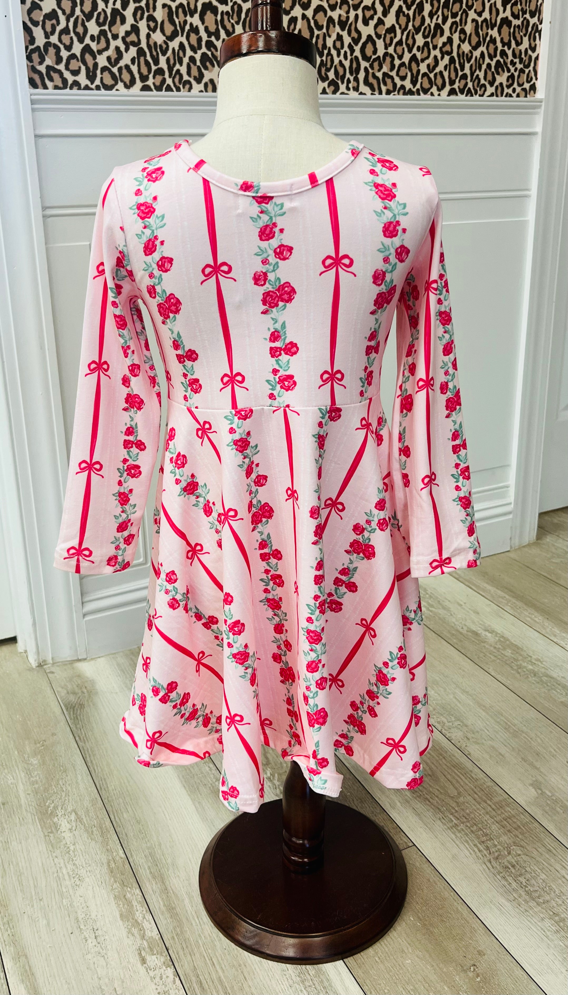 Girl’s Bow Rose Dress Long Sleeve Twirl Dress