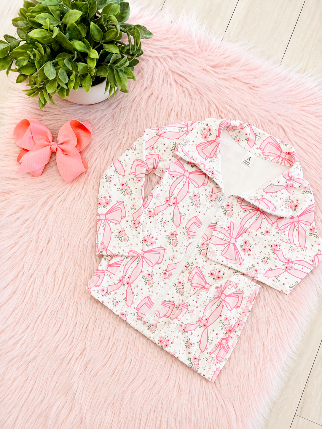 Girl’s Pink Bow Zip up Jacket and Flare Pant Outfit Set