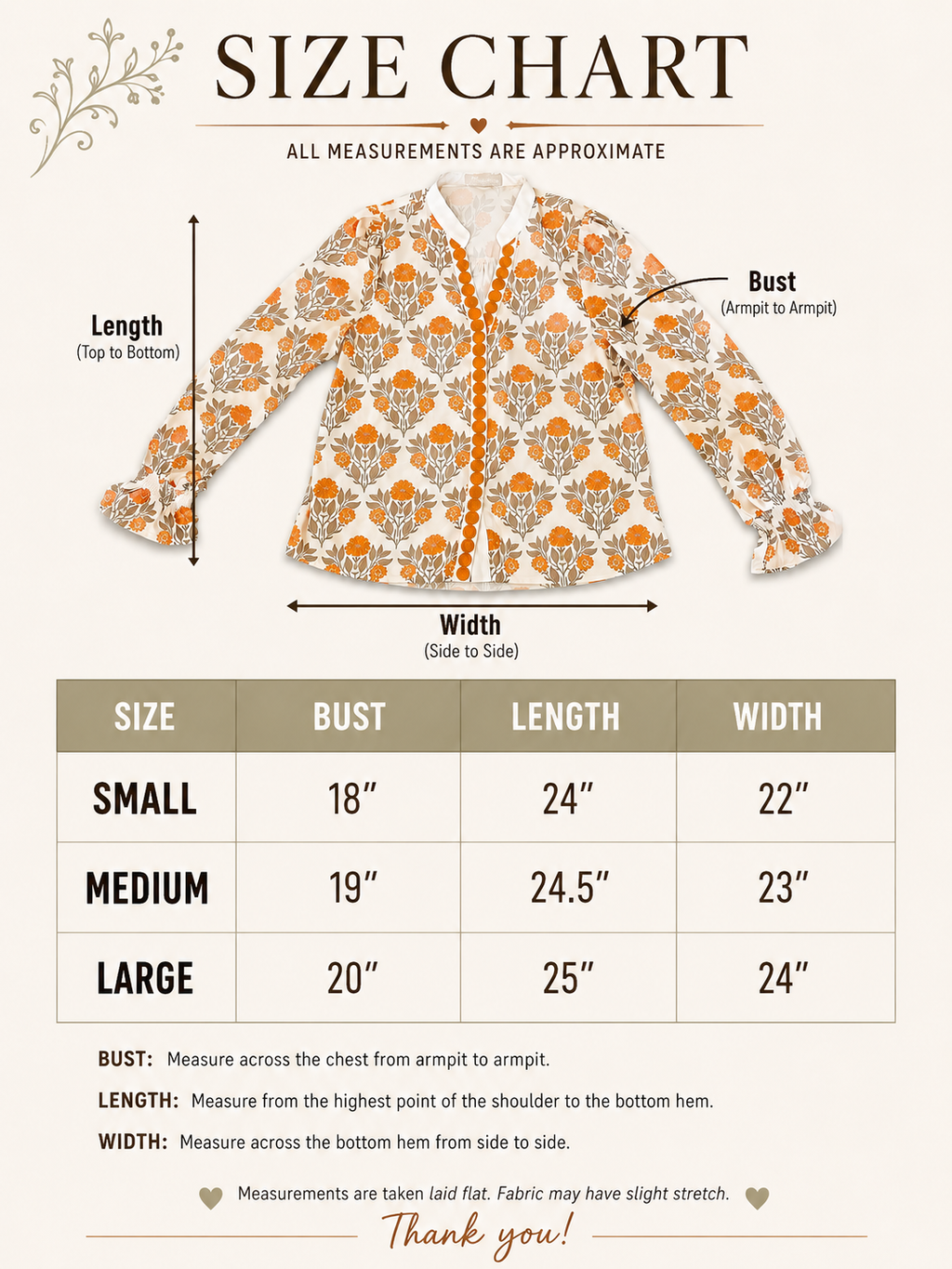 Women’s Orange Floral Print Contrast Detail Long Sleeve Blouse
