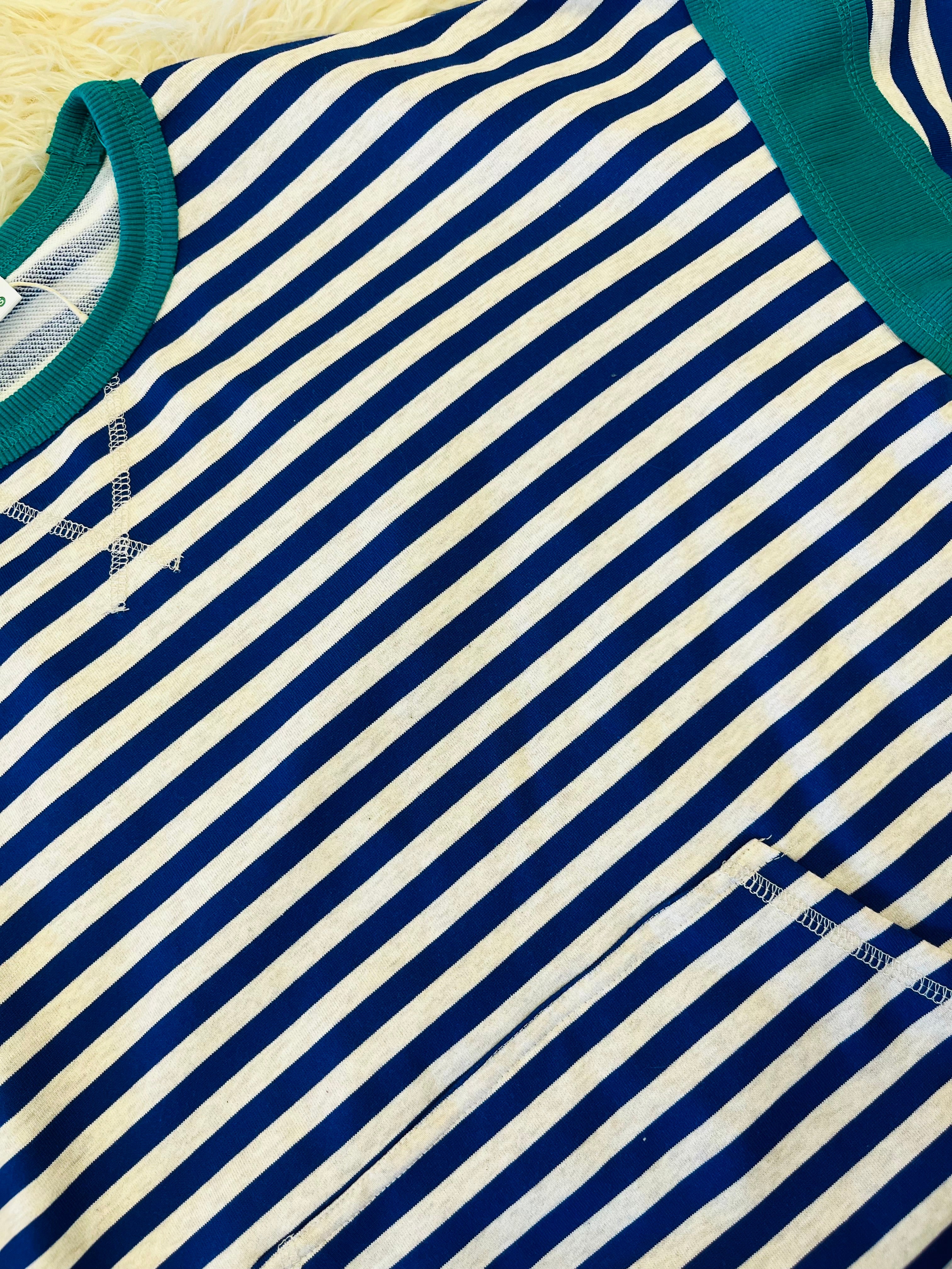 Women’s Blue and Grey Stripe with Green Detail Front Pocket Long Sleeve - Oversized