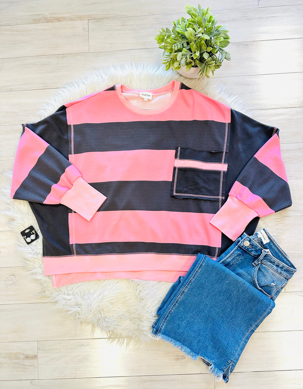 Women’s Peach Love Navy and Pink Striped Sweater Top