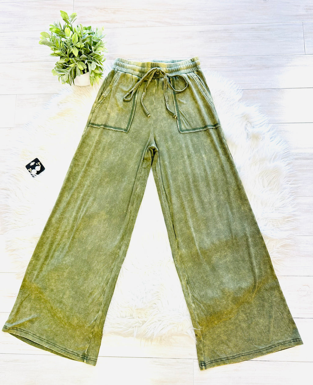 Women’s Zenana Dark Olive Acid Wash Pant Set