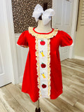 Girl’s Sweet Apple Embroidered Pencils Ruffle Dress