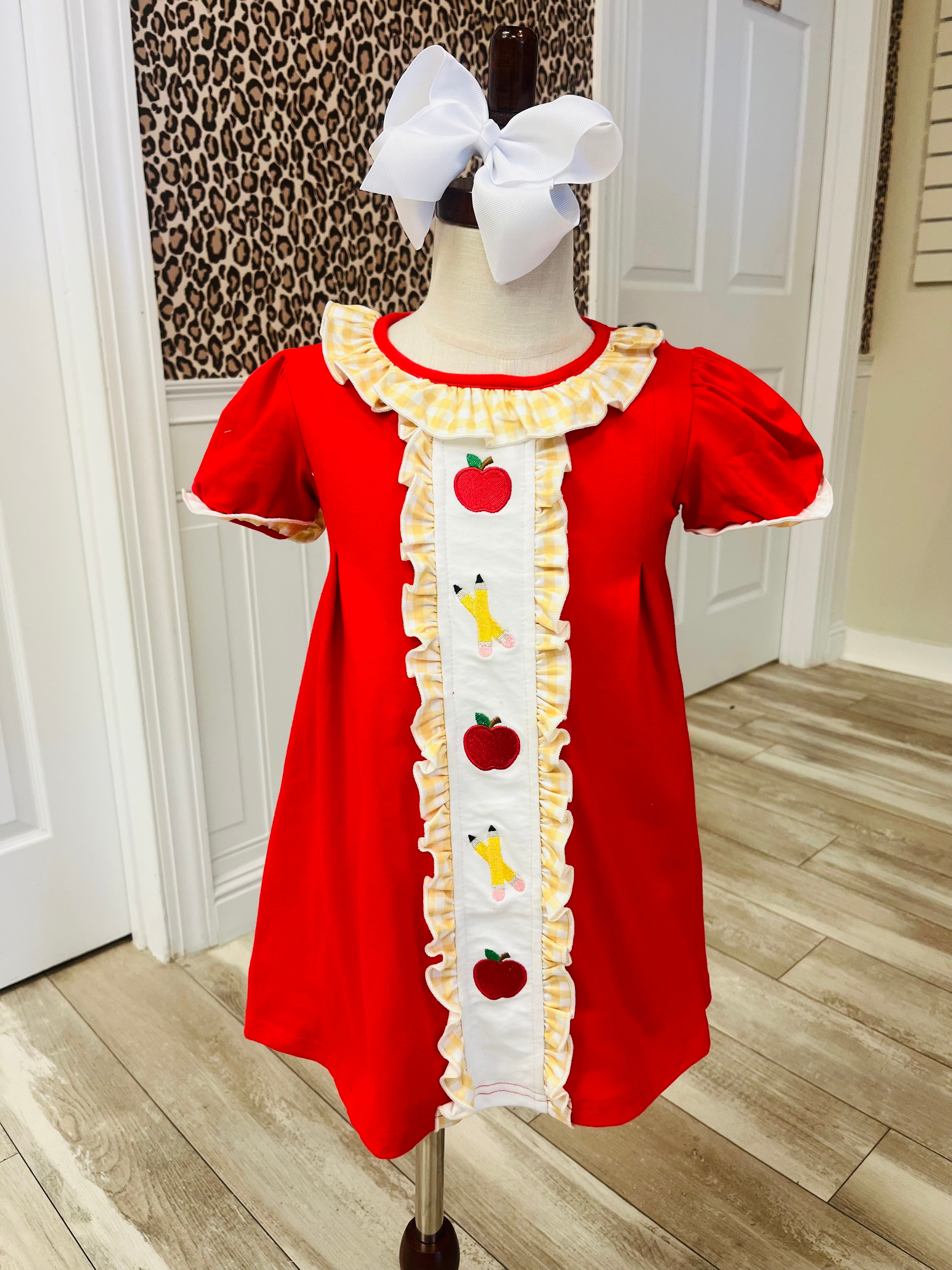 Girl’s Sweet Apple Embroidered Pencils Ruffle Dress